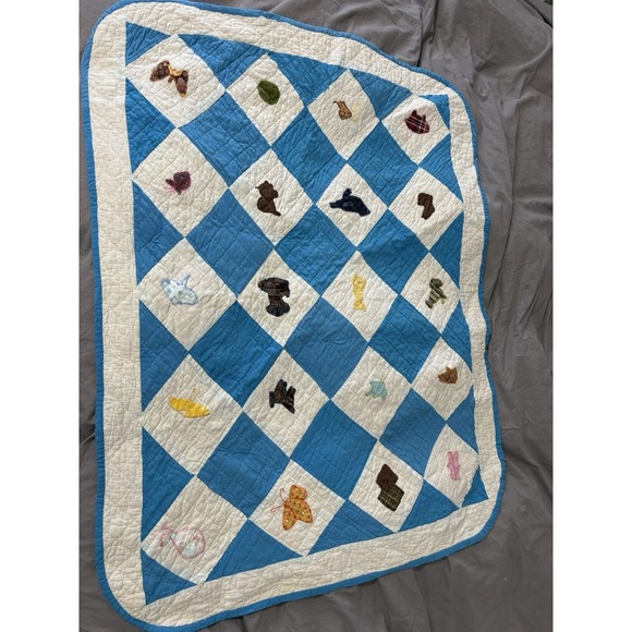 Antique Cotton Patchwork Quilt Blue White Handmade Square Blocks 48